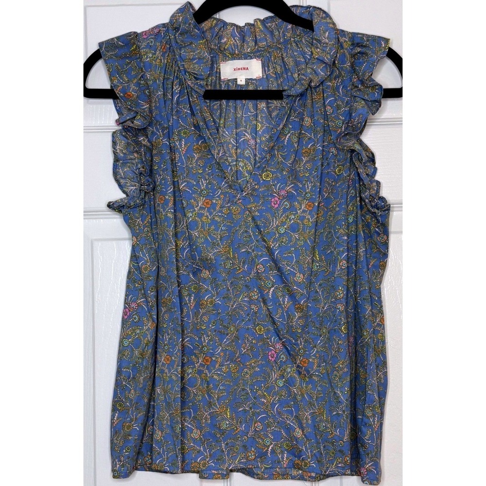 Xirena Blue Floral Paisley Ruffle Cotton V-Neck Sleeveless Top, Small